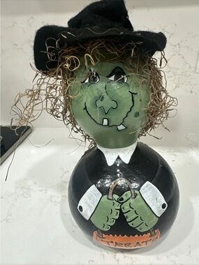 Hand Painted Folk Art Halloween Witch Gourd 10” Tall